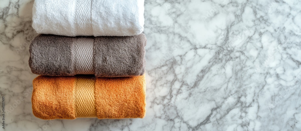 Poster top view of neatly stacked warm colored hand towels on elegant marble surface with ample space for t