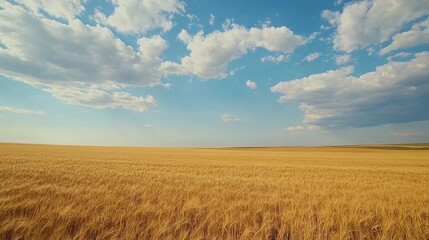 Fototapeta premium Golden wheat field under a vast blue sky with fluffy clouds creating a serene rural landscape ideal for agricultural themes.