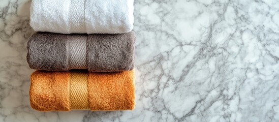 Top view of neatly stacked warm colored hand towels on elegant marble surface with ample space for text and branding elements