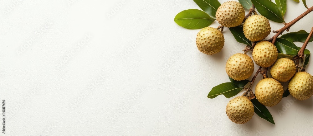 Poster top view of ripe longan fruits with stems and green leaves on a light background showcasing space fo