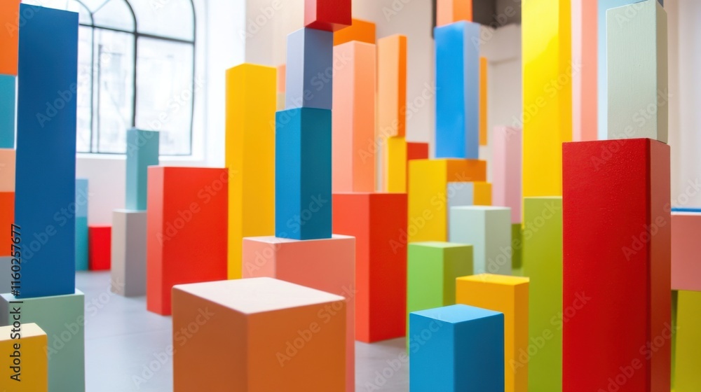 Aufkleber an abstract arrangement of building blocks in a contemporary art studio, blocks forming intricate sc