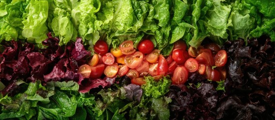 Mixed salad greens with cherry tomatoes and vibrant vegetables on a textured background perfect for healthy meal planning or recipe design