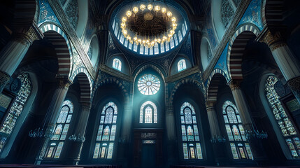 Obraz premium Stunning Ornate Dome of a Cathedral Illuminated by Chandelier Light and Surrounded by Beautiful Stained Glass Windows : Generative AI