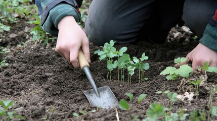 Fototapeta premium Gardener planting young seedlings in soil using a small shovel cultivating growth in a lush green garden environment