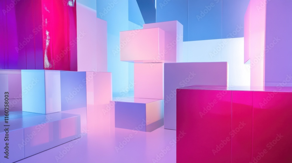 Poster An abstract arrangement of building blocks in a futuristic art gallery, Blocks forming interactive installations, Futuristic artistic style