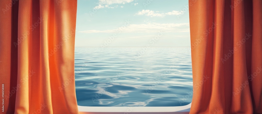 Aufkleber ship window with orange curtains overlooking tranquil water in a serene lifestyle setting 3d renderi