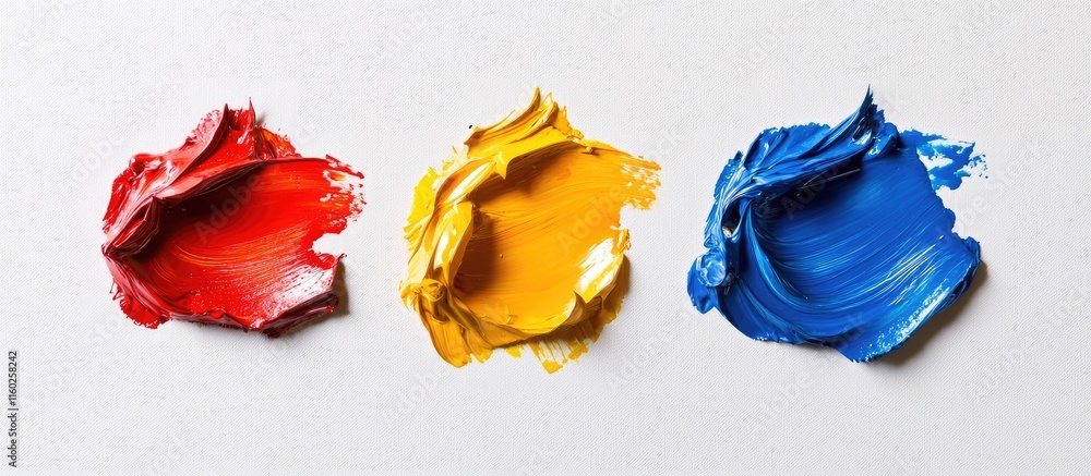 Aufkleber colorful top view of red yellow and blue oil paint blobs on white background with ample space for cr