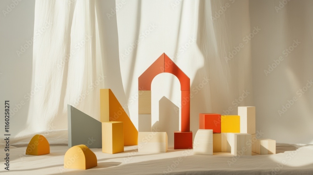 Poster an abstract arrangement of building blocks in a minimalist art gallery, blocks arranged in geometric