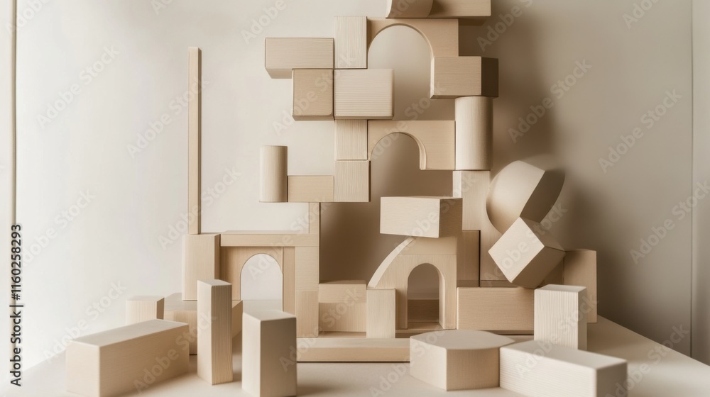 Poster an abstract arrangement of building blocks in a minimalist art gallery, blocks forming geometric scu