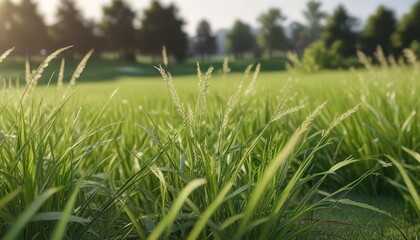 Obraz premium Close-up shot of delicate blades of grass swaying gently in the wind on a serene golf course, landscape, leaf, texture