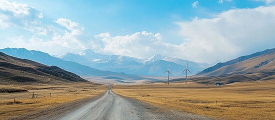 Wind turbines in a serene mountainous landscape generating renewable energy with clear skies and space for text placeholders