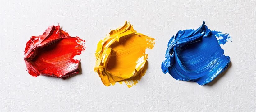 Colorful top view of red yellow and blue oil paint blobs on white background with ample space for creative text or design elements