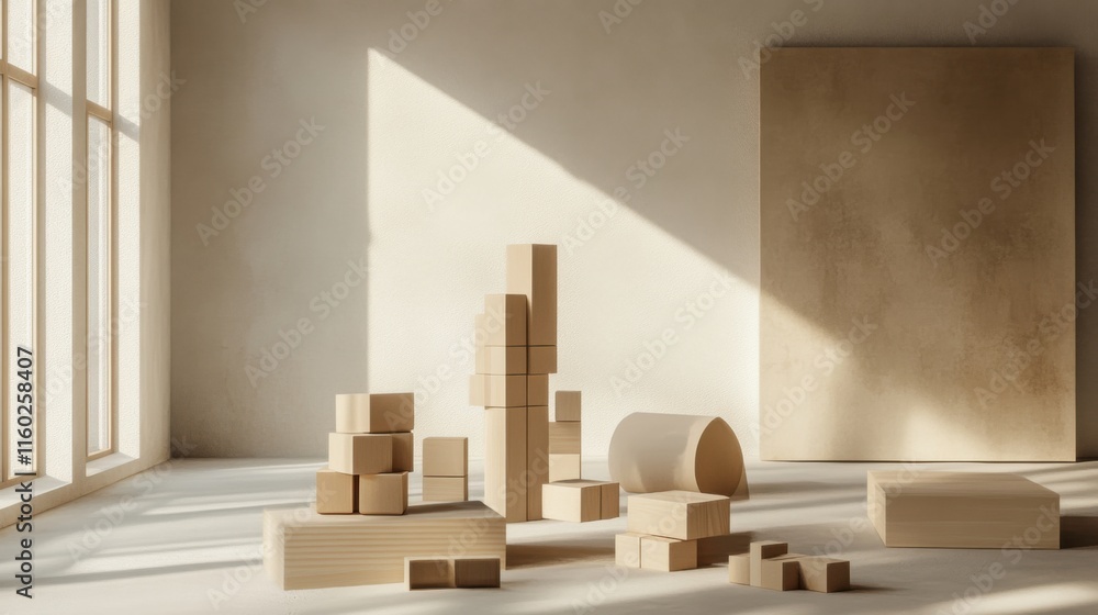 Poster An abstract arrangement of building blocks in a minimalist art gallery, Blocks forming intricate geometric patterns, Modern abstract style