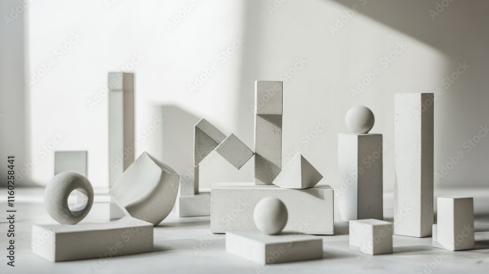 Poster An abstract arrangement of building blocks in a minimalist art gallery, Blocks forming intricate geometric patterns, Modern abstract style