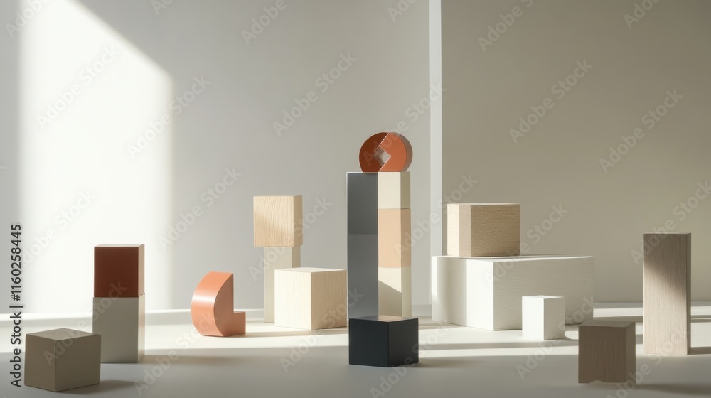 Poster An abstract arrangement of building blocks in a minimalist art gallery, Blocks forming intricate geometric patterns, Modern abstract style