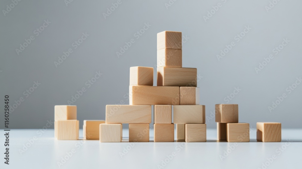 Poster an abstract arrangement of building blocks in a minimalist art gallery, blocks forming intricate geo