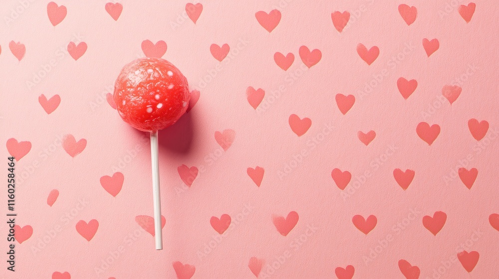 Poster coral lollipop on pink heart patterned background with empty space for copy and text ideal for festi