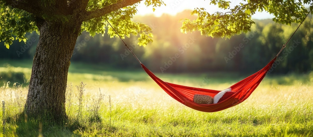 Poster cozy red hammock hanging under tree in peaceful natural setting with sunlight and space for text