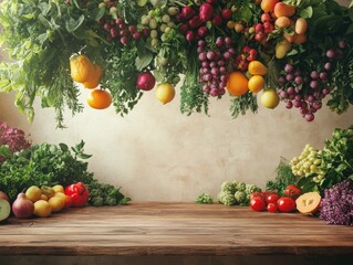 Floating Produce Surrealism Vibrant Fruits and Herbs on Wooden Table in Minimal Light