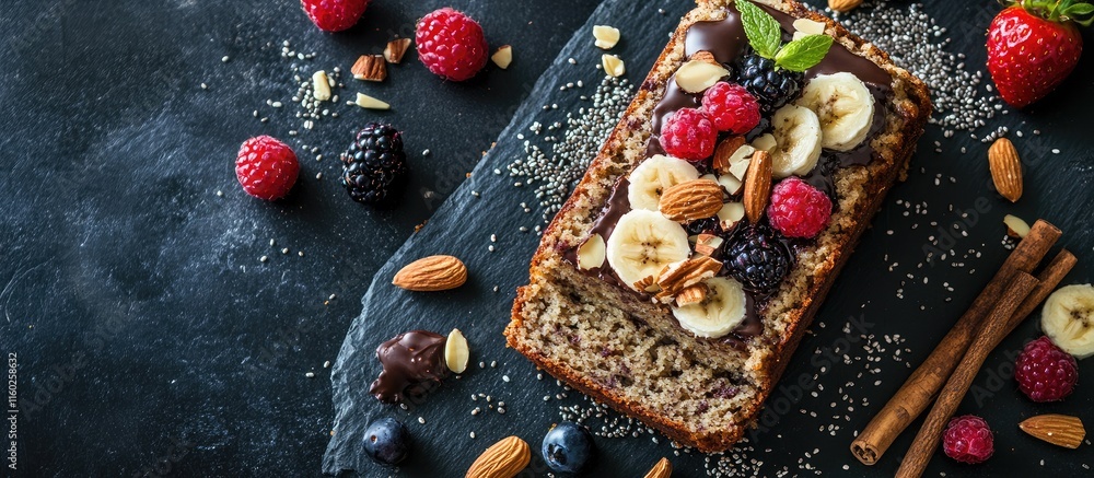 Poster whole wheat banana bread slice topped with nuts berries and chocolate drizzle on slate background wi
