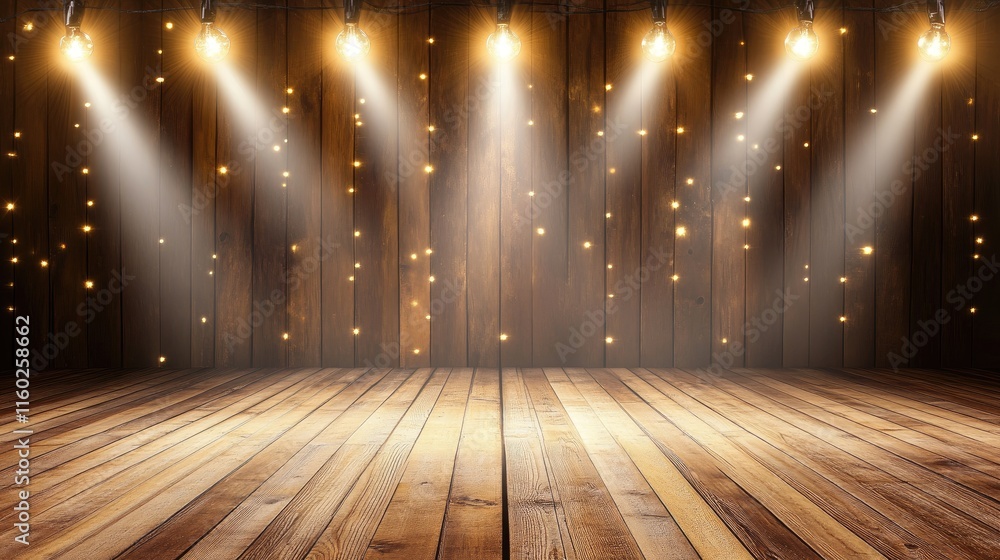 Poster string lights illuminating a wooden plank stage with soft bokeh effect for a warm and inviting ambia