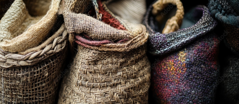 Poster woven bags showcasing intricate textures and patterns with ample space for custom text or branding a