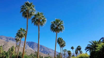 Obraz premium Palm trees swaying in the gentle breeze against a vibrant blue sky with distant mountains creating a serene tropical landscape scene