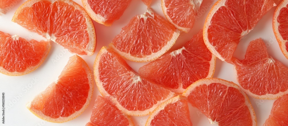 Poster vibrant grapefruit slices arranged elegantly on a white background with ample space for creative tex