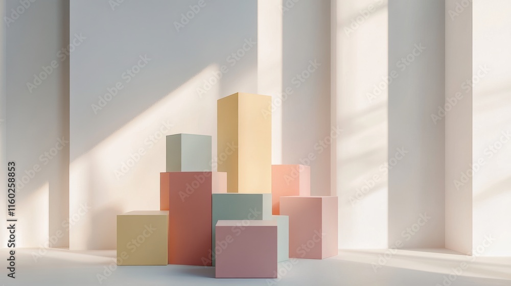 Aufkleber An abstract arrangement of building blocks in a minimalist art studio, Blocks forming geometric sculptures, Contemporary minimalist style