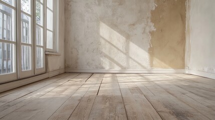 Interior Renovation Tools on Unfinished Wooden Floor in Bright Room with Natural Light and Textured Walls