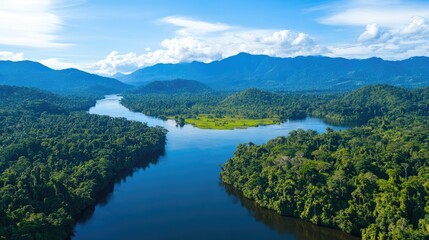 Naklejka premium Scenic aerial view of a river meandering through lush forests and mountains under a bright blue sky with picturesque clouds