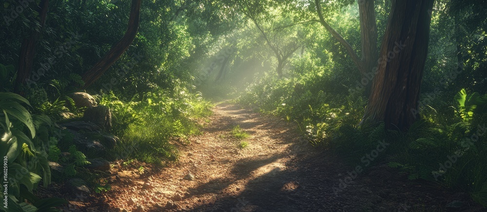 Poster worms eye view of a sunlit forest path surrounded by lush greenery with space for text or messaging 