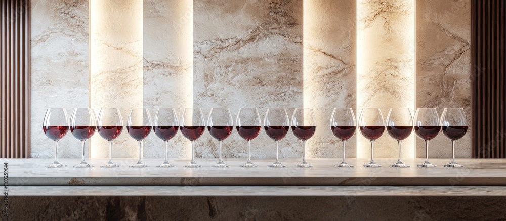 Poster elegant row of wine glasses in luxurious banquet hall with soft lighting and space for custom text o