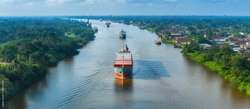 Poster aerial view of cargo ships navigating a serene canal surrounded by lush greenery near a busy port wi
