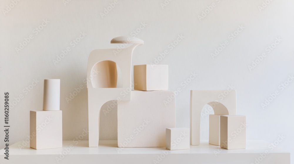 Poster An abstract arrangement of building blocks in a minimalist art studio, Blocks forming intricate geometric patterns, Contemporary abstract style