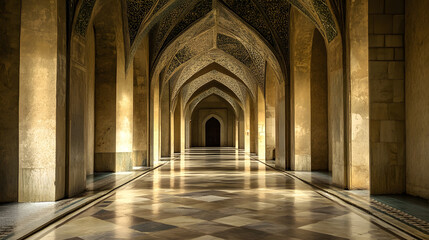 Fototapeta premium Architectural Marvel of Ancient Mosque Corridor with Intricate Arches and Decorative Patterns : Generative AI