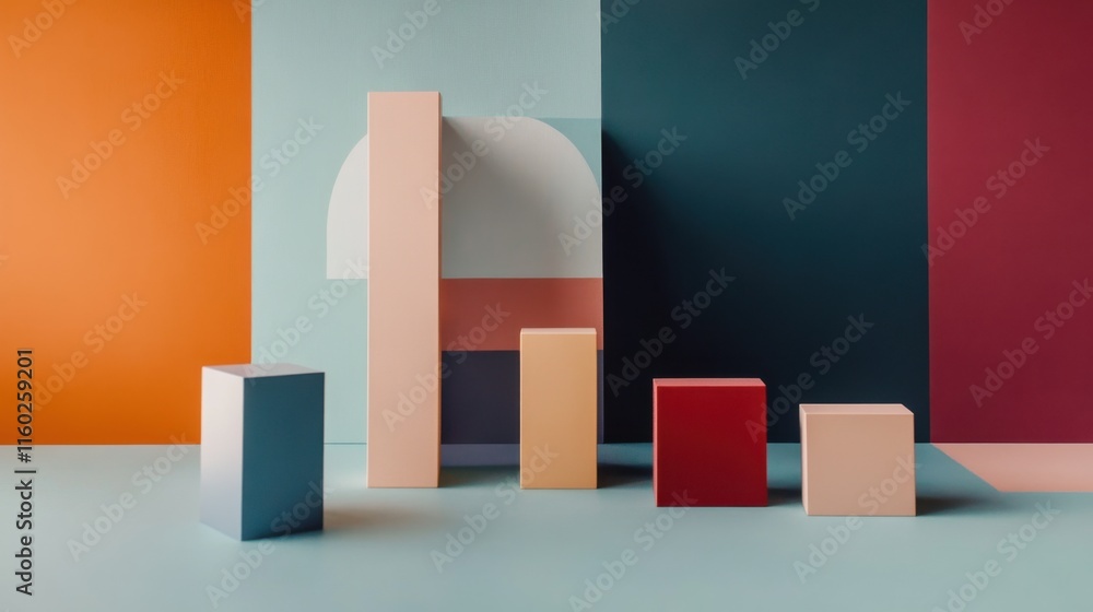 Aufkleber an abstract arrangement of building blocks in a minimalist art studio, blocks forming intricate scul