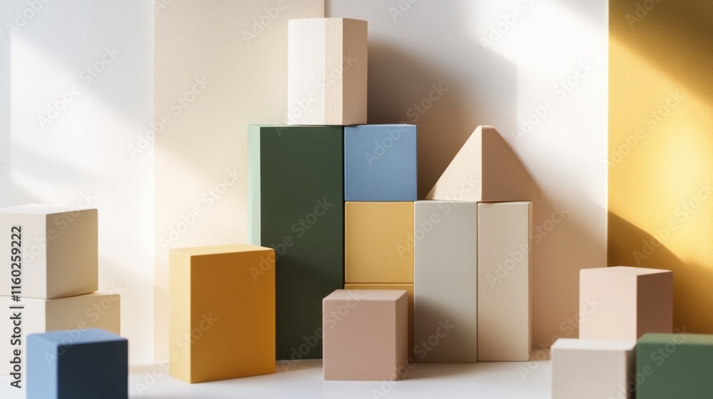 Poster An abstract arrangement of building blocks in a minimalist art studio, Blocks forming intricate sculptures, Modern minimalist style