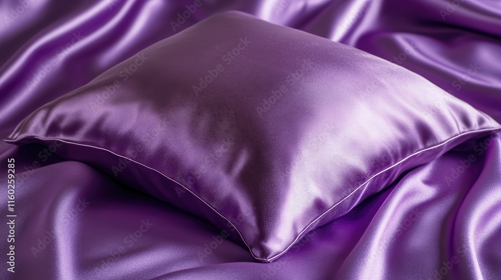 Aufkleber elegant soft pillow on luxurious purple satin fabric with smooth draping and ample copy space for te