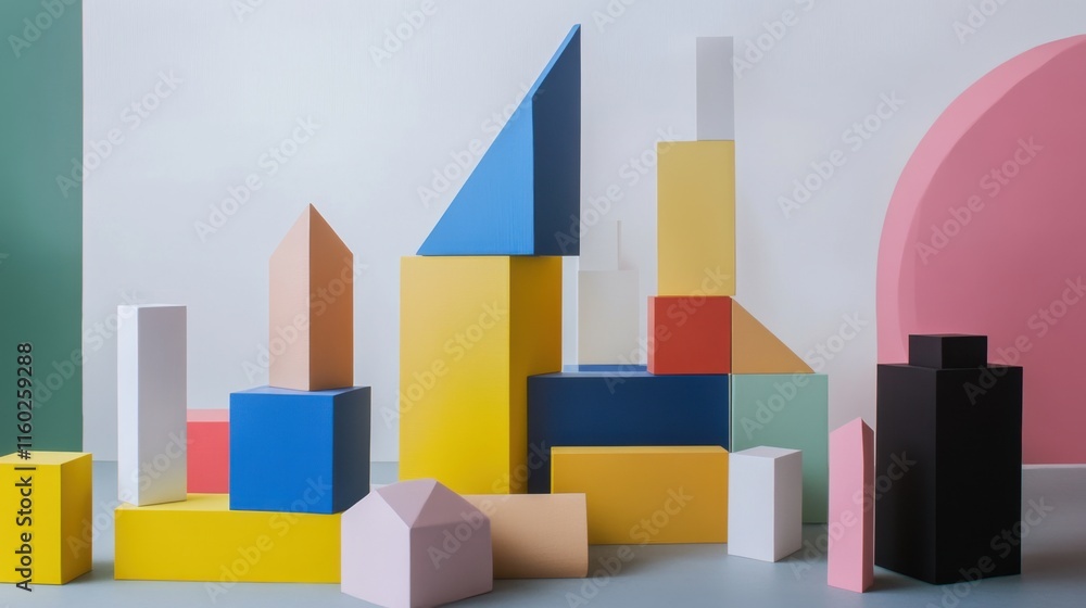 Poster An abstract arrangement of building blocks in a minimalist art studio, Blocks forming intricate sculptures, Modern minimalist style