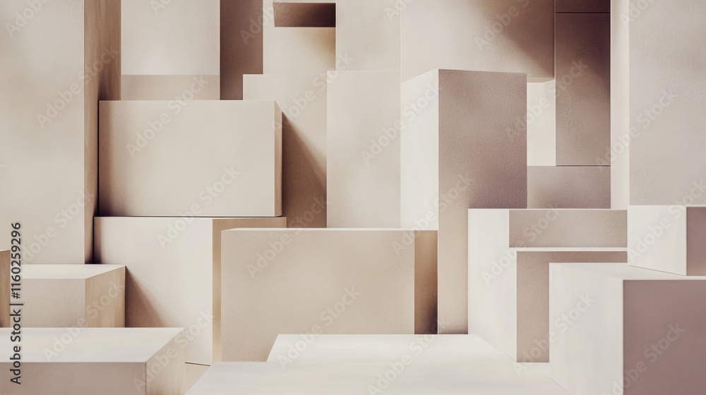 Poster an abstract arrangement of building blocks in a minimalist exhibition hall, blocks forming intricate