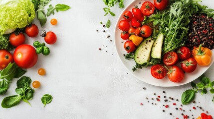Fresh vibrant vegetables on a white table showcasing healthy dining options in a restaurant setting with assorted greens and tomatoes.