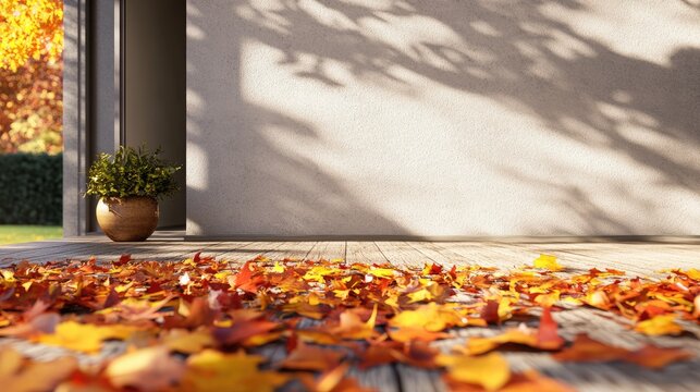 Autumn leaves scattered on a sunny porch with empty wall space inviting customized text and seasonal charm