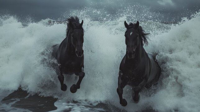 Majestic black horses galloping through powerful ocean waves under a dramatic stormy sky