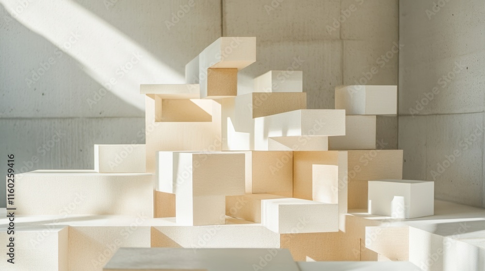 Poster an abstract arrangement of building blocks in a minimalist gallery, blocks forming intricate sculptu
