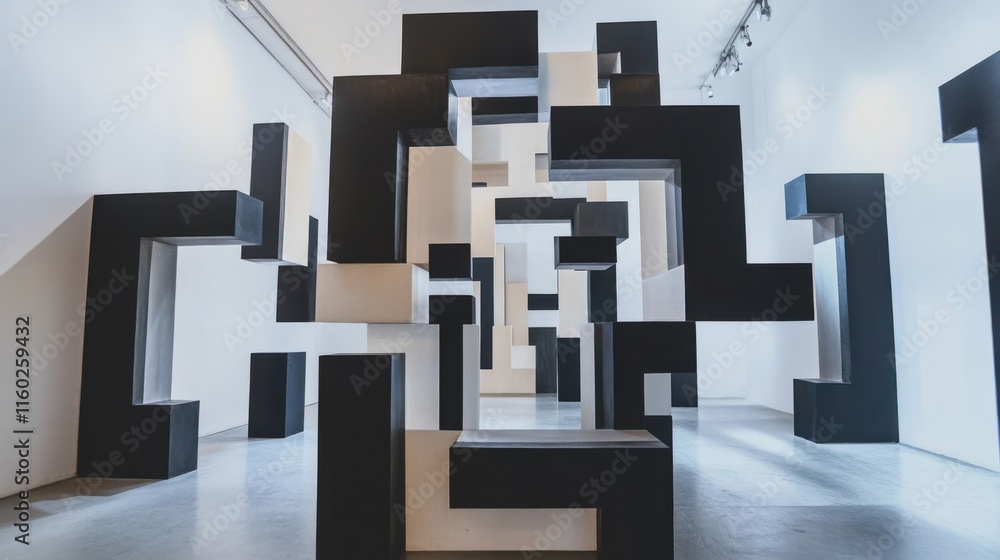 Poster an abstract arrangement of building blocks in a minimalist gallery, blocks forming intricate sculptu