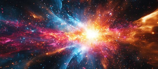 Dynamic cosmic art featuring a vibrant explosion of colors and space for customizable text and graphic elements.