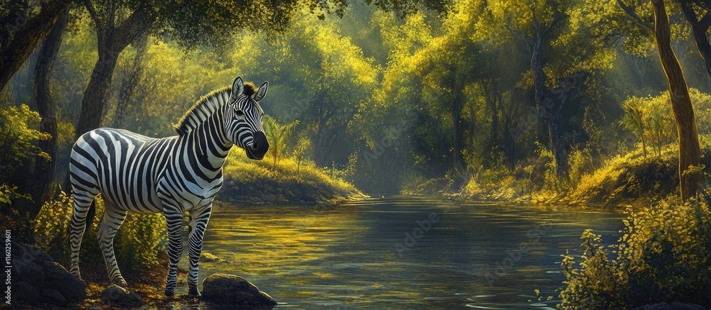 Poster zebra by serene riverbank in lush forest setting with natural light creating a tranquil atmosphere a