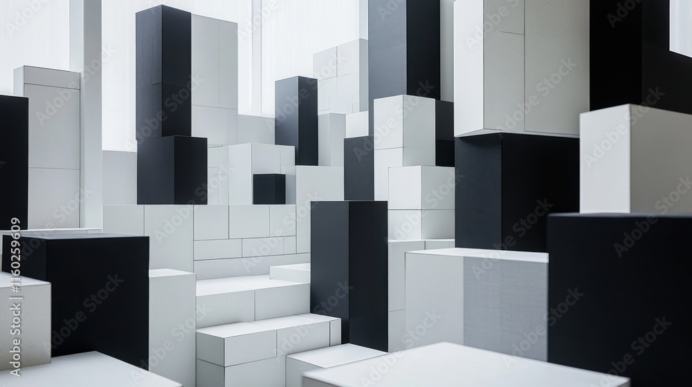 Poster an abstract arrangement of building blocks in a minimalist showroom, blocks forming intricate geomet