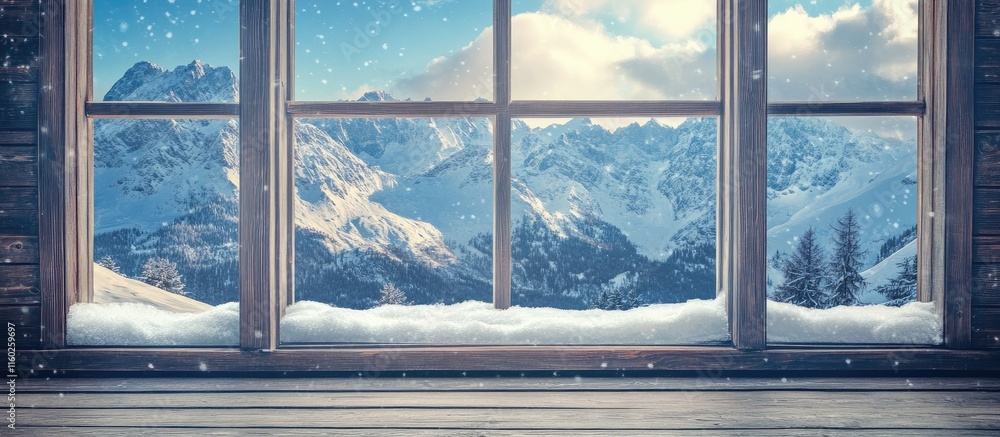 Aufkleber vintage window view of snowy mountains in winter with space for text and soft snowfall atmosphere